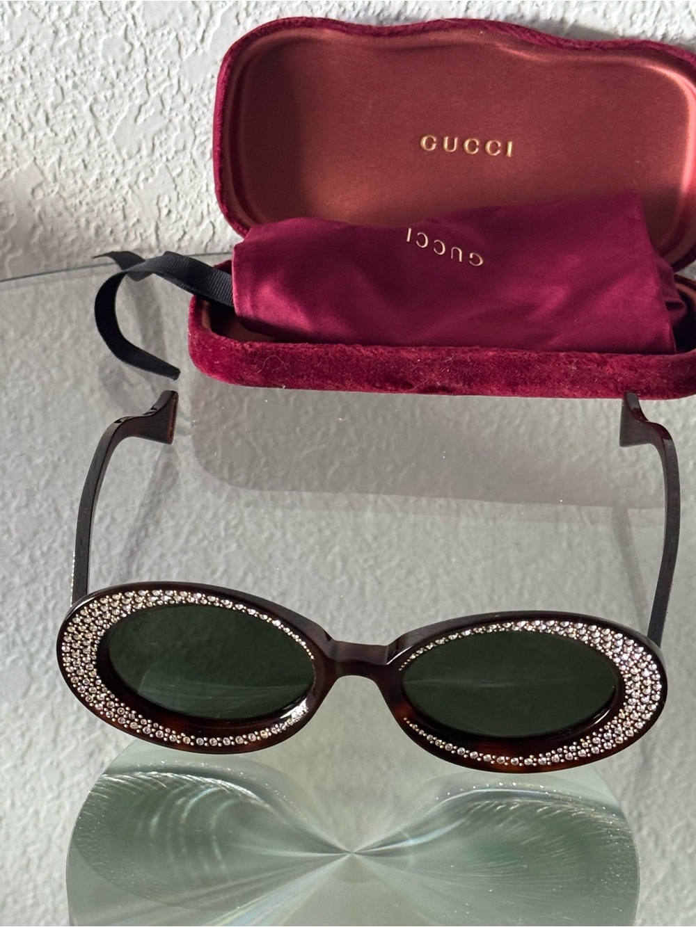 Authentic Gucci Brown Oval Sunglasses with Green Lenses and Crystal Trim - Picture 4 of 9